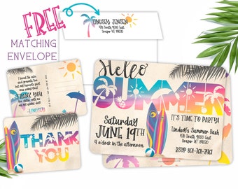 Summer Bash PRINTED Invitation- Summer Birthday Party -  Hello Summer Beach Party - Any Age