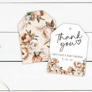 Étiquette de cadeau fleur d'automne imprimée - étiquette de cadeau de couleur neutre Merci pour baby shower - fleurs bohèmes aquarelles - 2,5 x 3,4 pouces