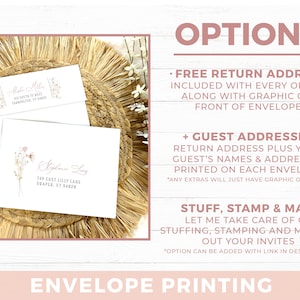 May include: Two white envelopes with floral illustrations and printed addresses. Text includes OPTIONS, FREE RETURN ADDRESS, GUEST ADDRESSES, STUFF, STAMP & MAIL, and ENVELOPE PRINTING. The envelopes feature cursive and serif fonts with botanical accents.