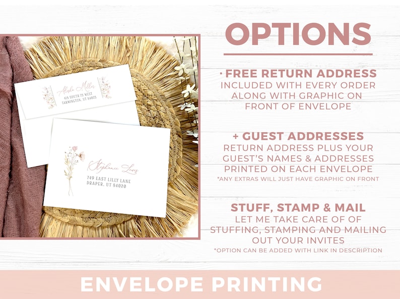 May include: Two white envelopes with floral illustrations and printed addresses. Text includes OPTIONS, FREE RETURN ADDRESS, GUEST ADDRESSES, STUFF, STAMP & MAIL, and ENVELOPE PRINTING. The envelopes feature cursive and serif fonts with botanical accents.