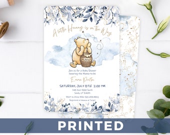 Winnie the Pooh A Little Hunny is on the Way BABY SHOWER Invitation Blue & Gold Baby Shower Invitations Blue Leaves Gold Dust Baby Shower