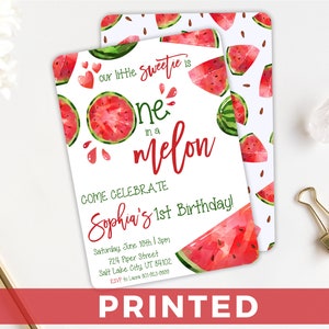 One in a Melon Party Invitation - Watermelon Slice 1st Birthday Party Invitation - FREE Return Address Printing