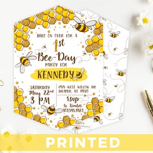 Bee Day Birthday Invitation - Honeycomb Bumble Bee Party Invitation - FREE Return Address Printing