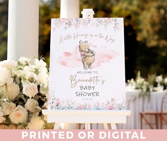 Winnie-the-pooh Baby Shower Welcome Sign - Pink & Gold - A Little Hunny is on the Way - Welcome Baby Shower Sign - Pink Pooh Welcome Sign