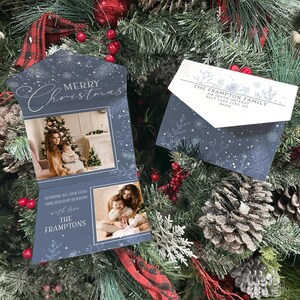 Tarjetas plegadas navideñas con nieve de invierno. Tarjetas navideñas con fotos familiares. Tarjetas navideñas personalizadas.