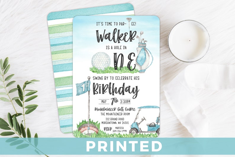 GolfBirthday Party invitation card for a hole-in-one birthday party. Gold Par-Tee Invite