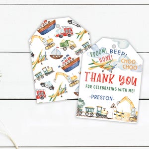 Transportation PRINTED Party Favor Tag - Honk, Vroom, Beep, Choo Choo - Plain, Train, Construction Thank You Tag - 2.5"x3.4" Favor Tag