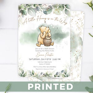 Winnie-the-pooh A Little Hunny is on the Way BABY SHOWER Invitation Green & Gold Baby Shower Invitations Green Leaves Gold Dust Baby Shower