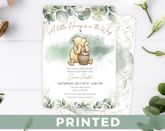 Winnie-the-pooh A Little Hunny is on the Way BABY SHOWER Invitation Green & Gold Baby Shower Invitations Green Leaves Gold Dust Baby Shower
