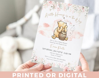 Winnie the Pooh A Little Hunny is on the Way BABY SHOWER Invitation Pink & Gold Baby Shower Invitations Pink Leaves Gold Dust Baby Shower