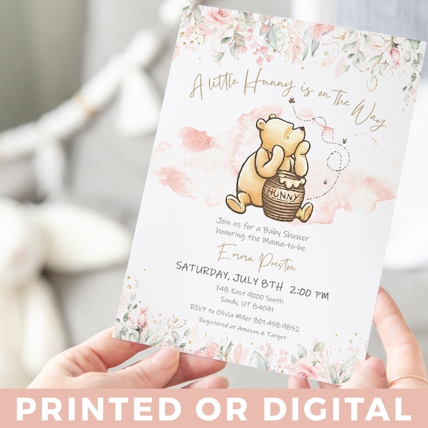 Winnie the Pooh A Little Hunny is on the Way BABY SHOWER Invitation Pink & Gold Baby Shower Invitations Pink Leaves Gold Dust Baby Shower