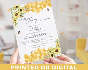 Une petite invitation de baby shower modifiable, un bourdon de tournesol, une invitation imprimée pour un modèle téléchargeable de baby shower