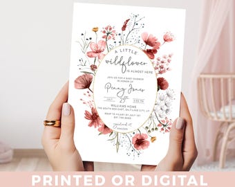 A Little Wildflower is Almost Here Baby Shower Invitation Pink Wildflower Baby Shower Invite Downloadable or Printed for Baby Girl