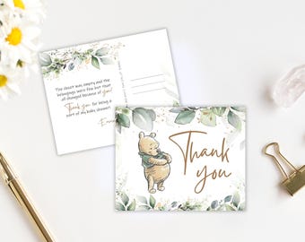 Winnie-the-pooh PRINTED Thank You Card - Green Baby Shower Thank You Card - Winnie-the-pooh Baby Shower Green and Gold Thank You Postcard