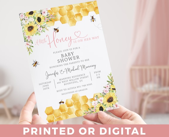 Editable A Little Honey Bee Baby Shower Invitation Pink Rose and Sunflower baby bumble bee Invite PRINTED for Baby Girl Shower