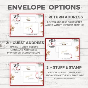 May include: Envelope options graphic with three choices: Return address, Guest address, and Stuff & Stamp. Each option includes a white envelope with a matching front graphic and text. The text includes "FREE" and "Return Address Printing".