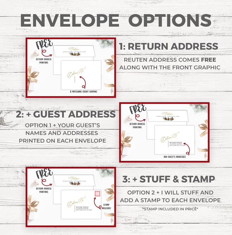 May include: Envelope options graphic with three choices: Return address, Guest address, and Stuff & Stamp. Each option includes a white envelope with a matching front graphic and text. The text includes "FREE" and "Return Address Printing".
