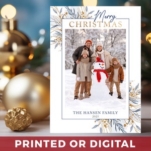Tarjetas fotográficas navideñas de invierno - Tarjetas navideñas con fotos familiares - IMPRESAS - Tarjetas navideñas familiares con hojas azules y doradas