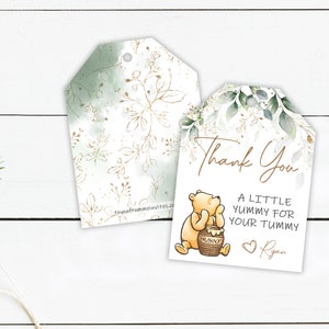 Etiqueta de favor de fiesta IMPRESA de Winnie-the-pooh - Gracias "Delicioso por tu barriga" Etiqueta de agradecimiento - Verde y dorado - Etiqueta de favor de 2,5"x3,4"
