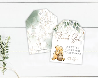 Winnie-the-pooh PRINTED Party Favor Tag - Thank You "Yummy for your Tummy" Thank You Tag - Green and Gold - 2.5"x3.4" Favor Tag