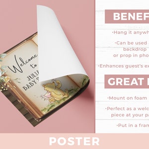 May include: A Winnie the Pooh themed baby shower poster with a vintage book design. The poster features Winnie the Pooh and Piglet reading a book with the text "Welcome to Julia's Baby Shower".