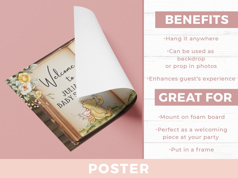 May include: A Winnie the Pooh themed baby shower poster with a vintage book design. The poster features Winnie the Pooh and Piglet reading a book with the text "Welcome to Julia's Baby Shower".
