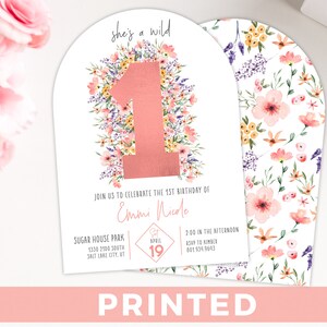 She Is A WildOne 1st Birthday Invitation Wild One PRINTED Arched Flower Floral Invite PINK Wildflower Party Invitation Boho Garden Party image 1