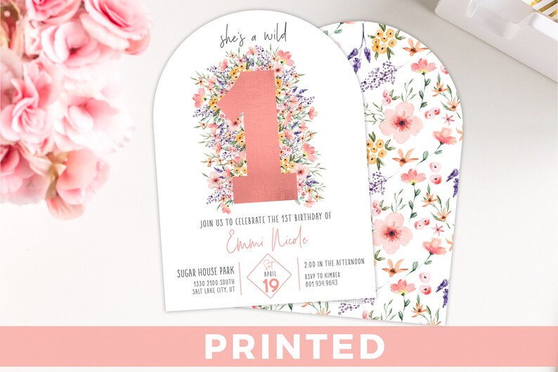 She Is A WildOne 1st Birthday Invitation Wild One PRINTED Arched Flower Floral Invite PINK Wildflower Party Invitation Boho Garden Party immagine 1