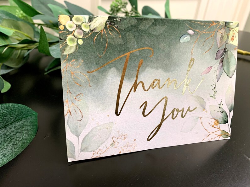 Thank You Card Green and Gold Watercolor Real Foil Folded Note Card