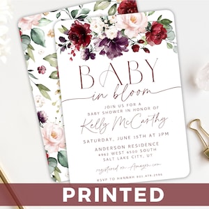 Wildflower Baby in Bloom BABY Shower Invitation Burgundy & Purple Wildflower Baby Shower Invitation - PRINTED Floral Baby Shower Invitation