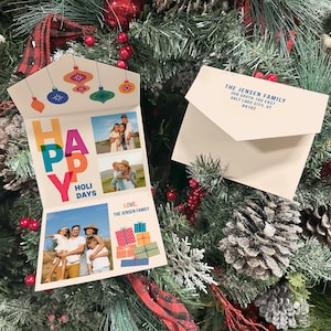Kleurrijke gevouwen kaarten voor fijne feestdagen Vouw en verzend kerstkaart Familiefoto kerstkaarten Gepersonaliseerd