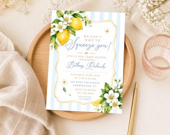 Inbjudan till babyshower med söt citron: Tema "Vi längtar efter att få klämma på dig!"