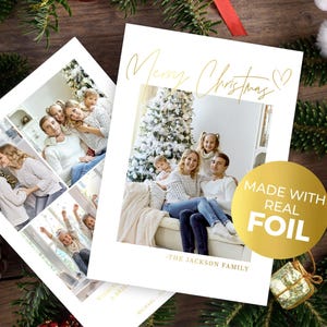 Aangepaste goudfolie merry christmas-fotokaarten - kerstkaartsjabloon familiefoto - eenvoudige foto kerstkaarten