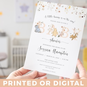 Editable Winnie-the-Pooh Flower BABY SHOWER Invitation A little hone is on the way Invite Baby Shower Customizable Template Classic Winnie