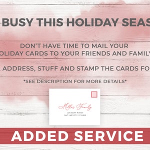 May include: Image with text: "TOO BUSY THIS HOLIDAY SEASON?" and "I WILL ADDRESS, STUFF AND STAMP THE CARDS FOR YOU." A white envelope with the name "Miller Family" and address is shown. The words "ADDED SERVICE" are at the bottom.