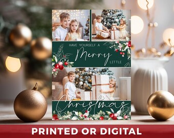 Merry Little Christmas Photo Cards - Green Merry Photo Holiday Cards - PRINTED - Merry Holly Berry - Portrait/Vertical