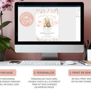 May include: A computer screen displaying a Winnie the Pooh themed baby shower invitation with pink and white floral accents. The invitation reads "A Little Honey to the Hive" and includes the text "Personalized with Corjl".