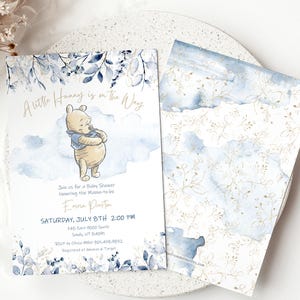 Winnie-the-pooh A Little Hunny is on the Way BABY SHOWER Invitation Blue & Gold Baby Shower Invitations Blue Leaves Gold Dust Baby Shower