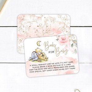 Libros de baby shower de Winnie-the-pooh para inserto IMPRESO para bebés - Little Hunny Pink Floral - Tarjeta de inserción pequeña a juego - Personalizar para cualquier evento
