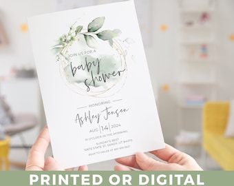 May include: A green and gold baby shower invitation with a watercolour background and greenery. The text reads "Join us for a baby shower honouring Ashley Jensen Aug 14, 2024 10 o'clock in the morning Sunday's Best 10672 State St, Sandy, UT 84070 RSVP to Halee at 801-619-3621 Printed or Digital"