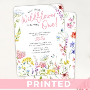 Our Little Wildflower Is Turning One Birthday Party Invitation  PRINTED Floral Invitation  PINK Wildflower Invite  Garden Tea Party
