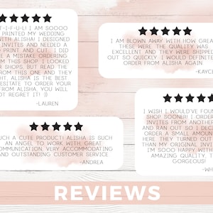 May include: Five-star reviews for a wedding invitation design service. The reviews highlight the quality of the invitations, the speed of shipping, and the excellent customer service provided by the designer.