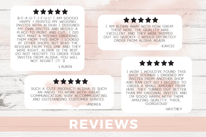May include: Five-star reviews for a wedding invitation design service. The reviews highlight the quality of the invitations, the speed of shipping, and the excellent customer service provided by the designer.
