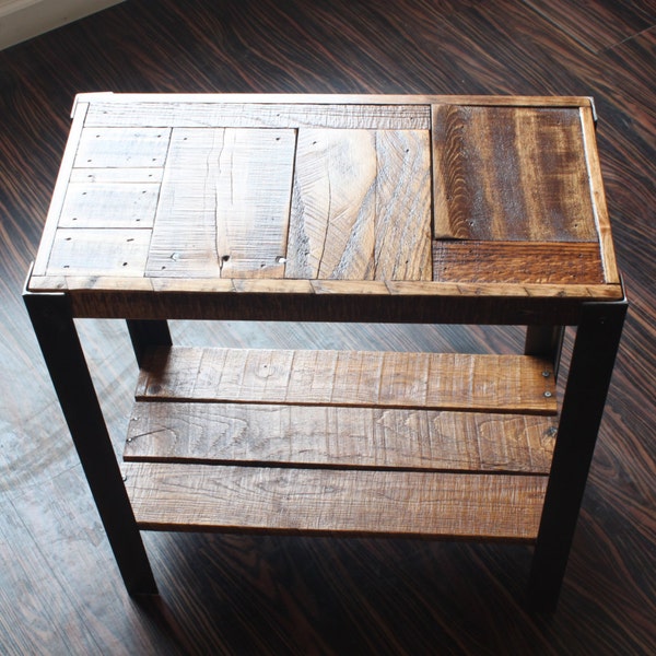 Metal and Wood Side Table - Rustic Reclaimed Lumber End Table - Modern Metal Occasional Table - Handcrafted Metal and Wood Side Table