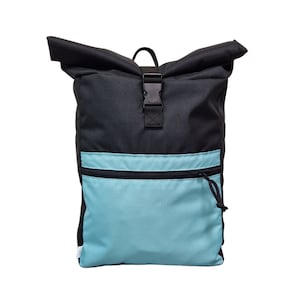 May include: A black and light blue roll-top backpack with a front zippered pocket and a buckle closure.