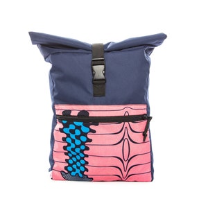 May include: A navy blue roll-top backpack with a black buckle and a pink and blue patterned front pocket.