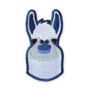 May include: Blue and white embroidered patch of a llama's face.