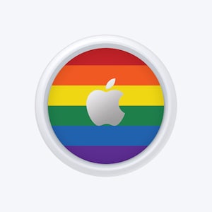 May include: A white circle with a rainbow-coloured apple logo inside. The apple logo is silver and has a bite taken out of the top. The rainbow colours are red, orange, yellow, green, blue, indigo, and violet.