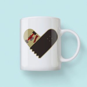 May include: White ceramic mug with a black and beige skateboard shaped like a heart. The skateboard has the word "Thrasher" printed on it in red.