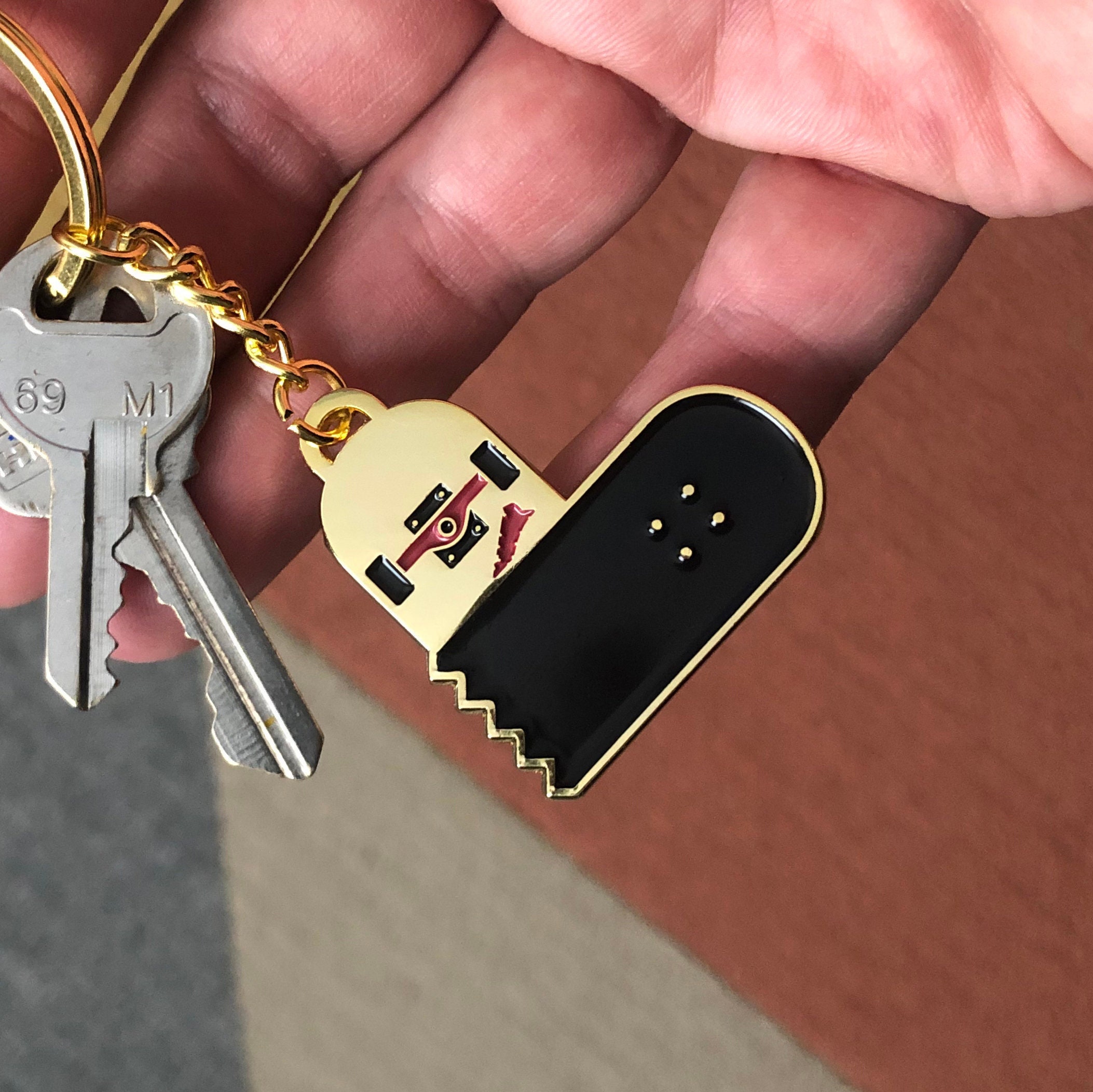 Broken Skateboard Heart Keychain Super Awesome Custom Soft Enamel Keychain with Metal Ring.